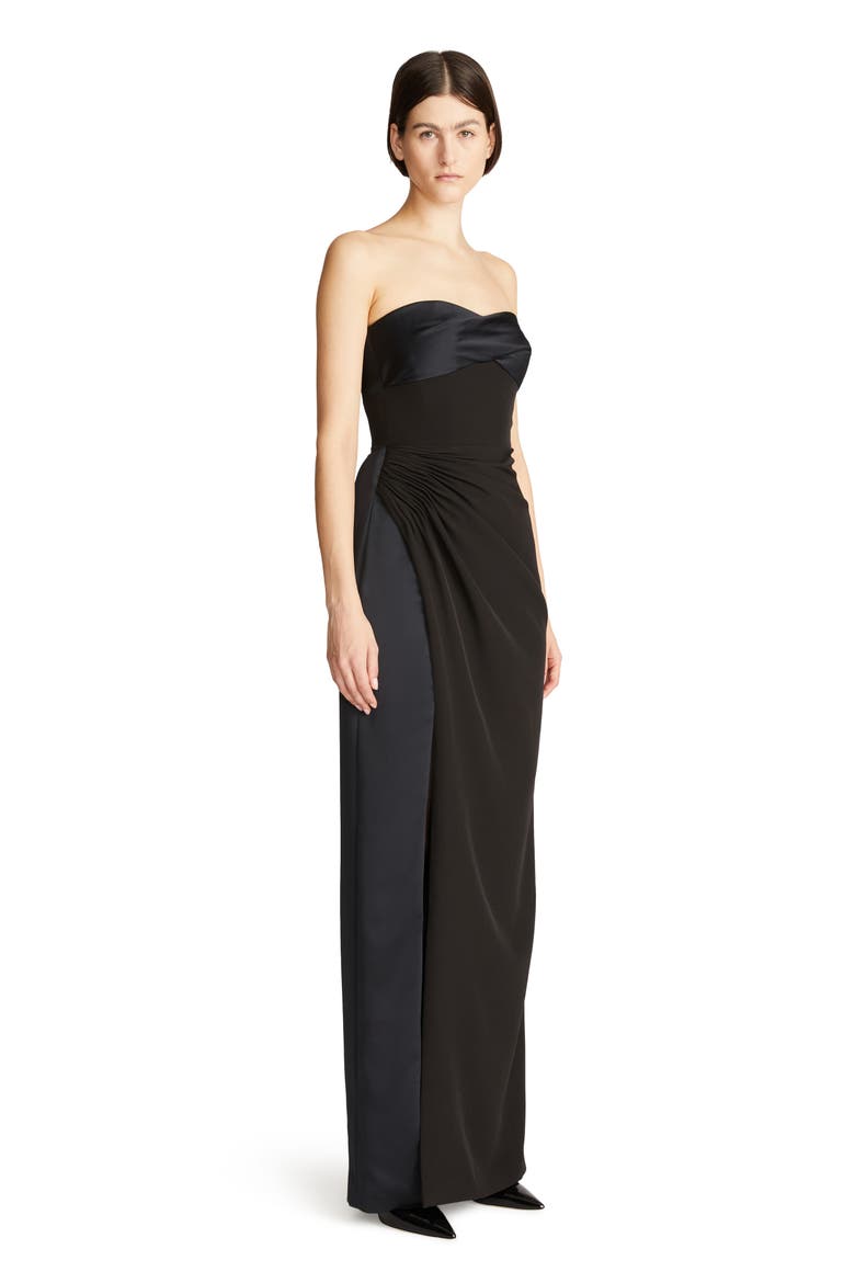 Esther Ruched Strapless Crepe & Satin Gown, Alternate, color, BLACK