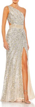 Mac Duggal Sequined One Shoulder Draped Lace Up Gown
