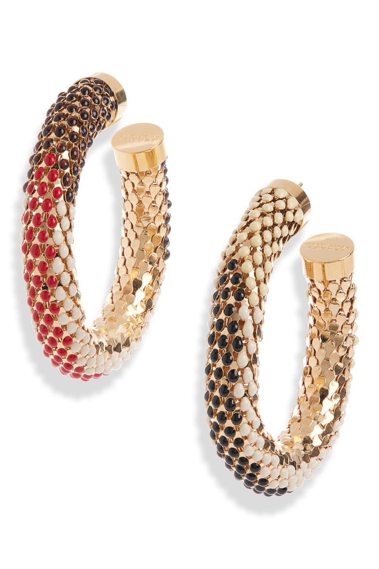 Large Beaded Mesh Hoop Earrings, Main, color, RED