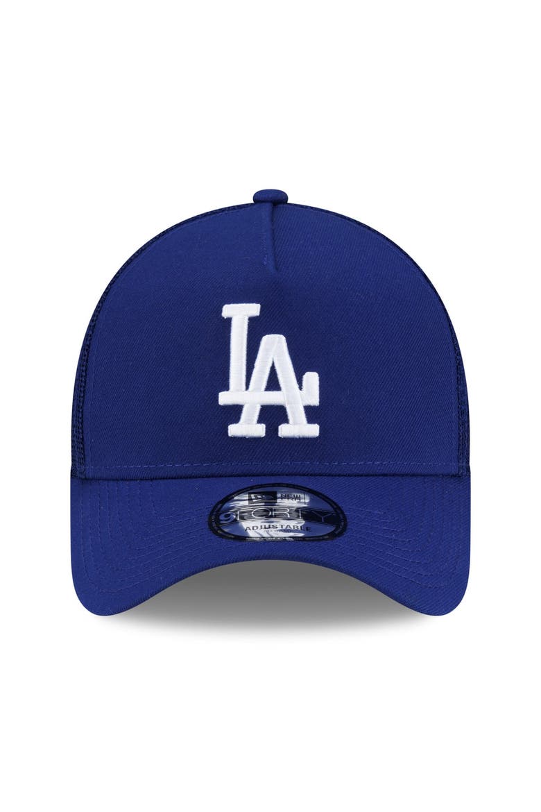 Men's New Era Royal Los Angeles Dodgers Side Script 9FORTY A-Frame Trucker Adjustable Hat, Alternate, color, Royal
