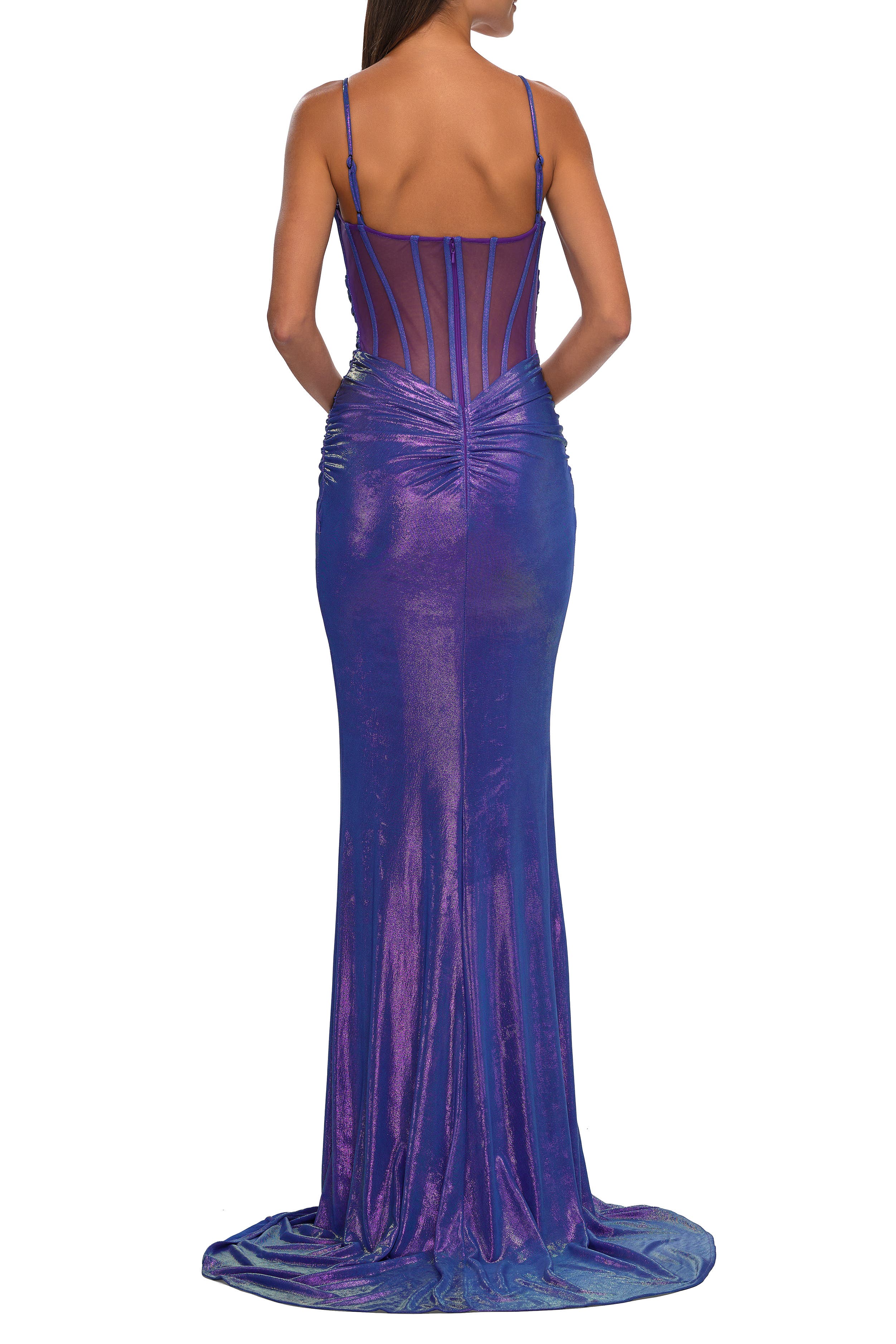 La Femme Metallic Prom Dress with Ruching and Illusion Back (Women ...