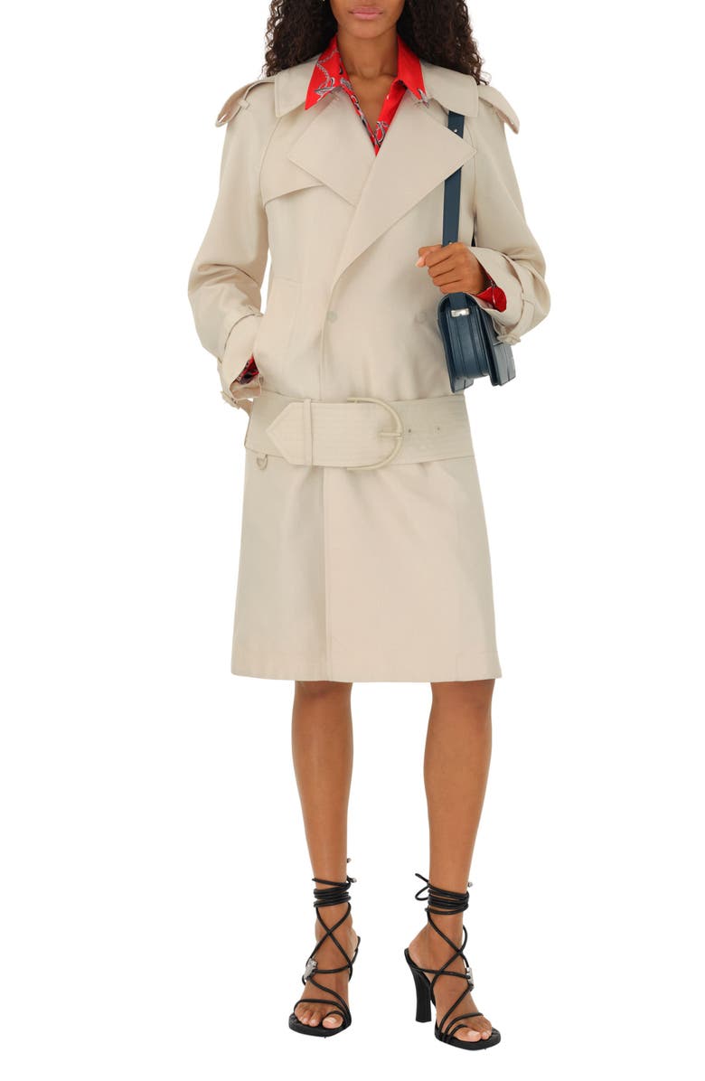 Burberry Double Breasted Drop Waist Belted Silk Blend Trench Coat, Main, color,