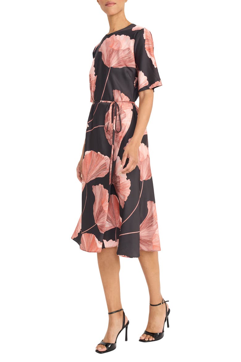 Floral Print Tie Belt Midi Dress, Alternate, color, BLACK/ MELON