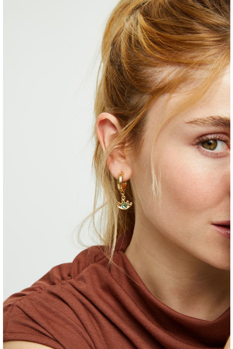 18K Gold-Plated Hoop Earrings with Eye Detail with Green Crystal, Alternate, color, Gold
