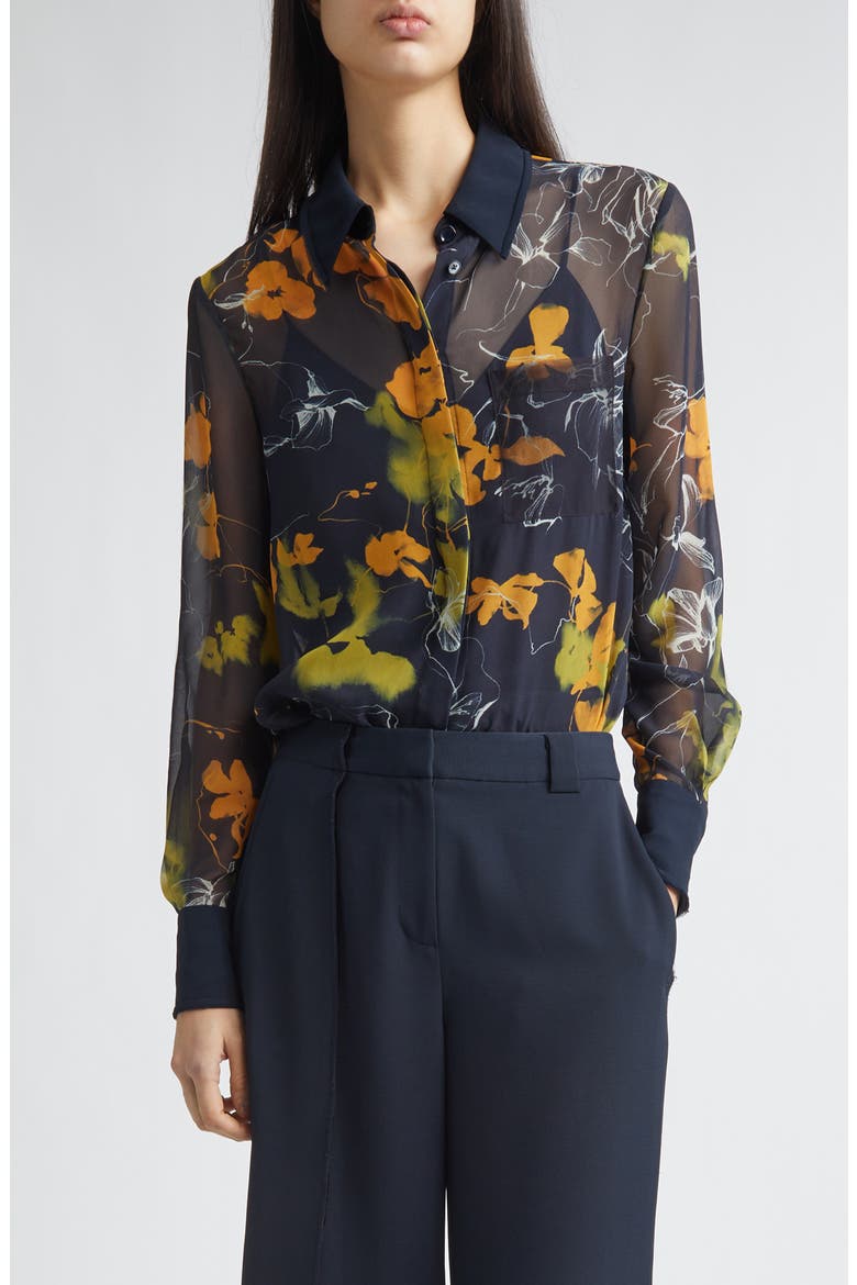 Shadow Floral Georgette Button-Up Shirt, Main, color, ULTRA NAVY