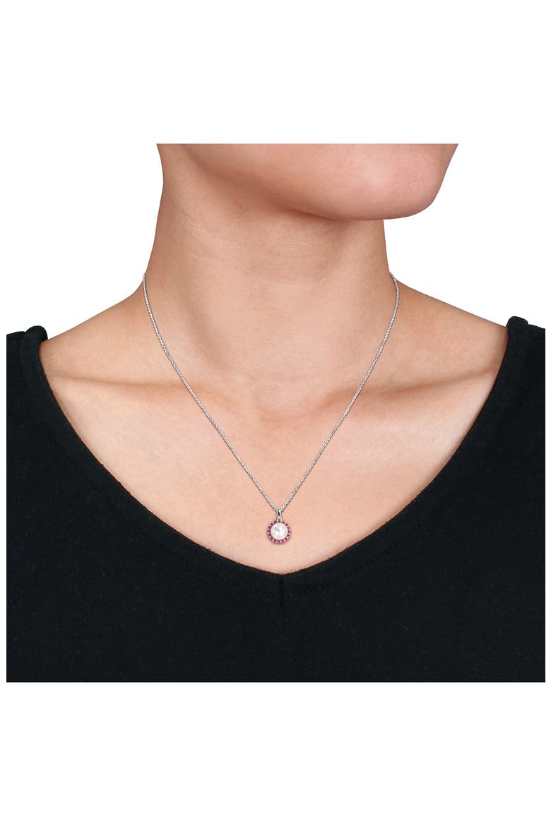 8 - 8.5mm Cultured Freshwater Pearl & Created Ruby Pendant Necklace, Alternate, color, RED