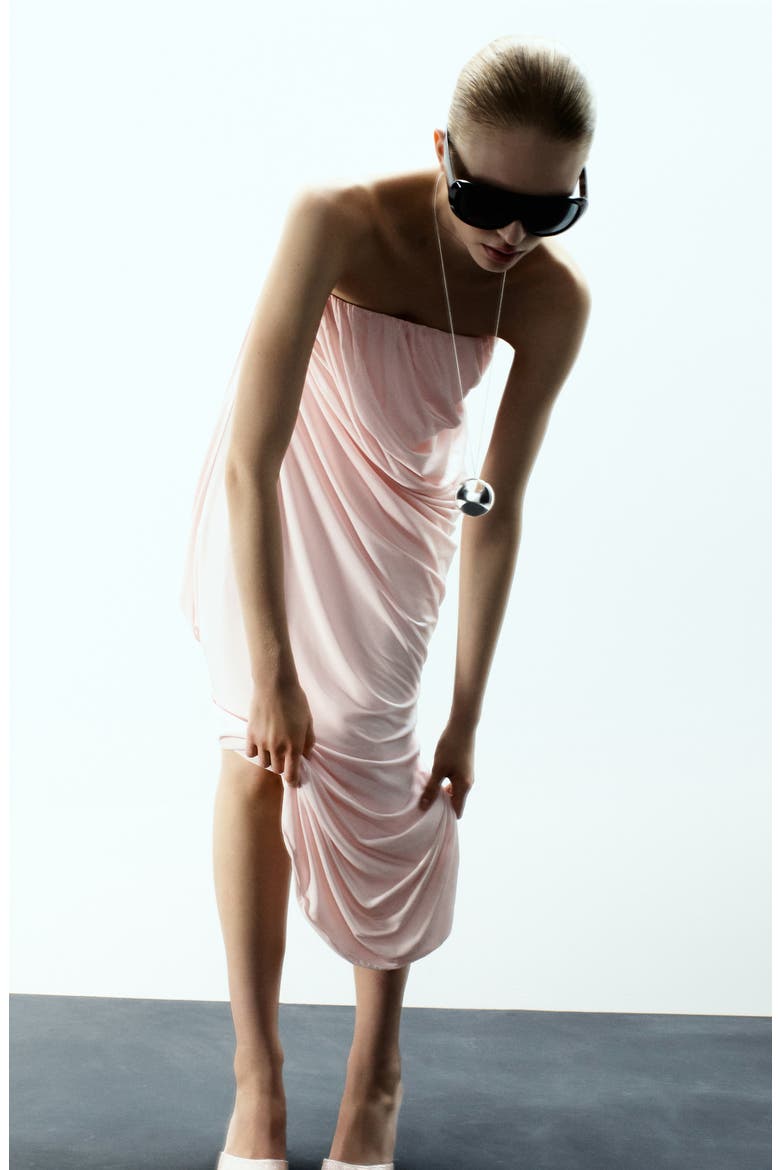 x Kaia Gerber Strapless Asymmetric Ruched Dress, Alternate, color, PASTEL PINK