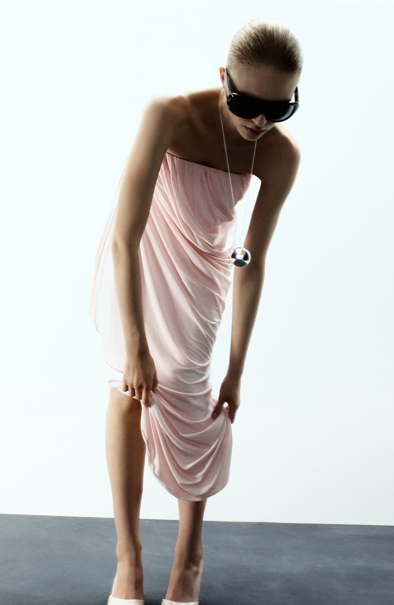 MANGO x Kaia Gerber Strapless Asymmetric Ruched Dress, Alternate, color, Pastel Pink