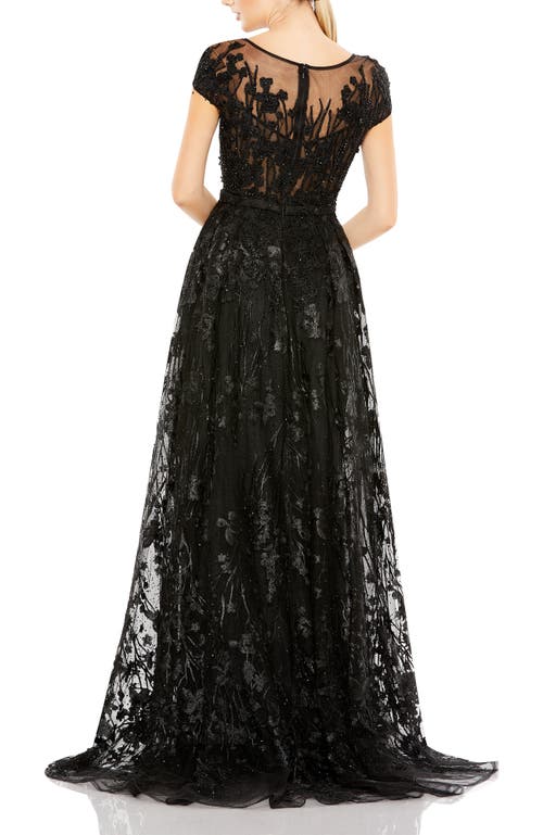 Mac Duggal Embellished Floral Cap Sleeeve A Line Gown In Black