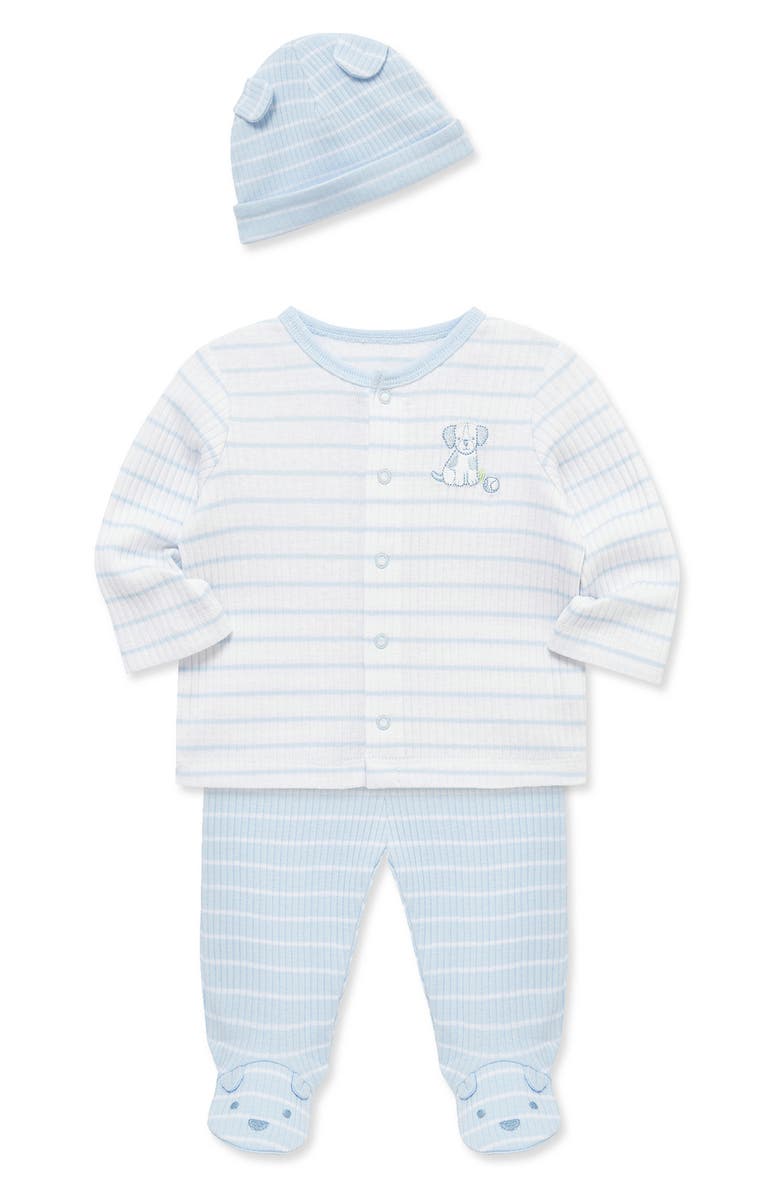 Little Me 3-Piece Rib Cardigan, Joggers & Cap Set, Alternate, color, Blue
