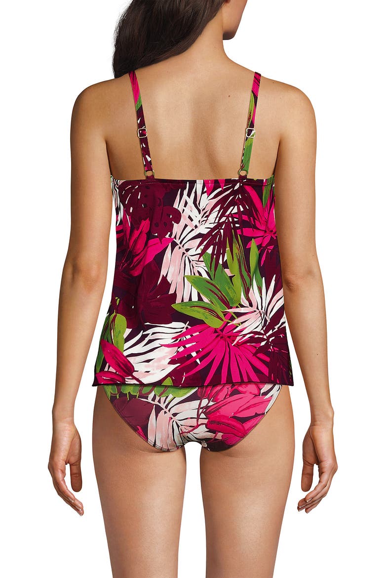 D-Cup Chlorine Resistant V-Neck Tulip Hem Tankini Swimsuit Top with Adjustable Straps, Alternate, color, Dark Wine Multi Tropical Palm