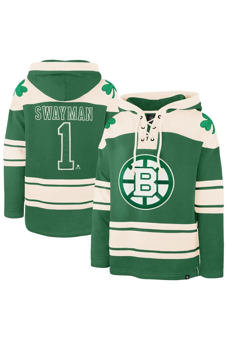 Men's '47 Jeremy Swayman Kelly Green Boston Bruins St. Patrick's Day Player Name & Number Lacer Pullover Hoodie, Main, color, Kelly Green