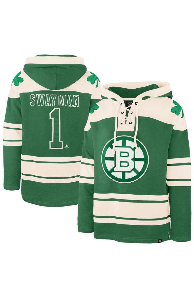 '47 Men's '47 Jeremy Swayman Kelly Green Boston Bruins St. Patrick's Day Player Name & Number Lacer Pullover Hoodie, Main, color, Kelly Green