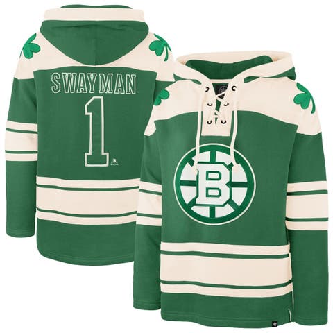 Men's '47 Jeremy Swayman Kelly Green Boston Bruins St. Patrick's Day Player Name & Number Lacer Pullover Hoodie