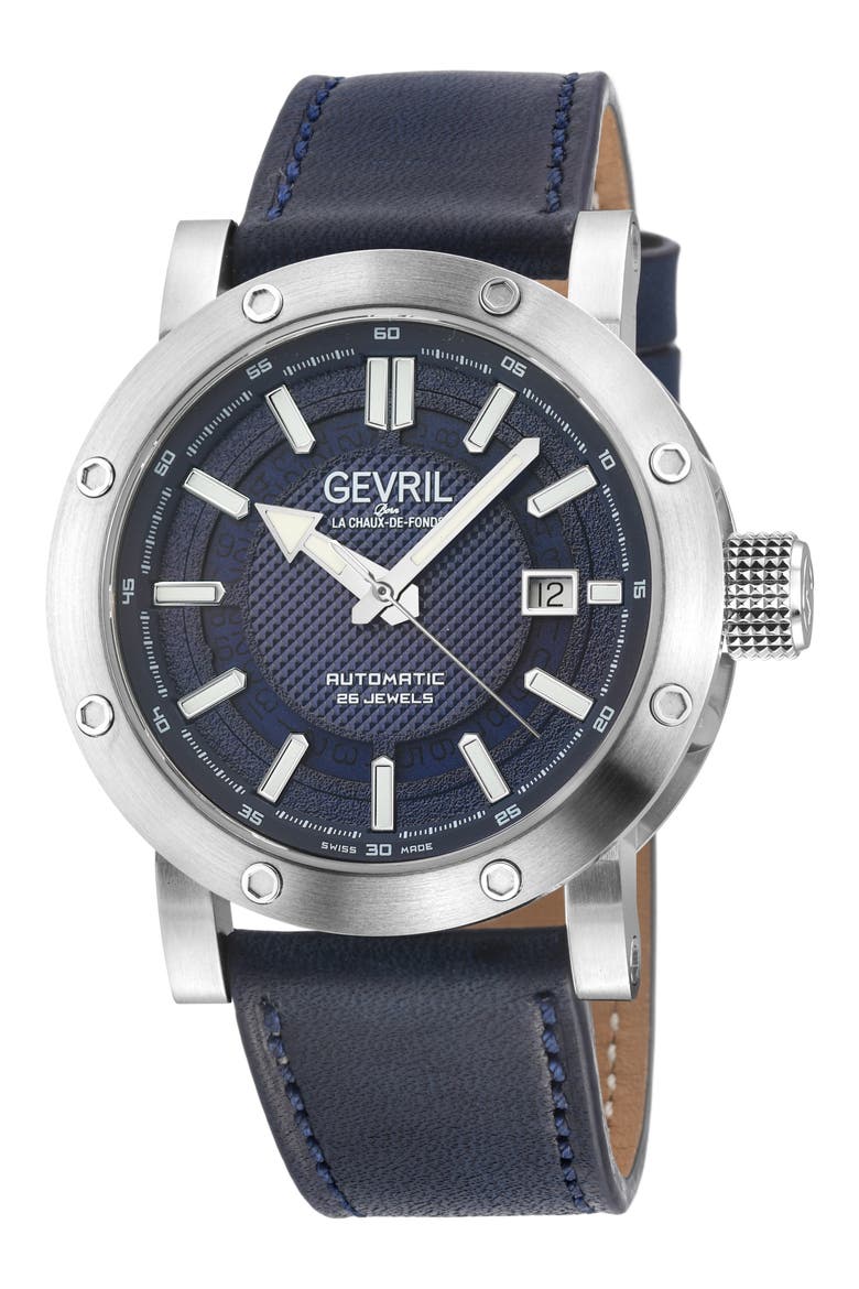 Flat Iron Limited Edition Leather Strap Watch, 42mm, Main, color, BLUE