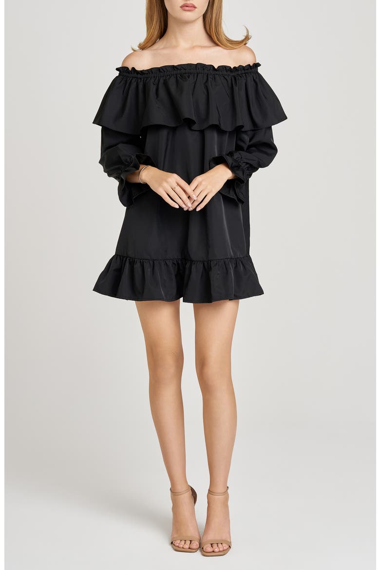 x Sara Walker Jane Off the Shoulder Long Sleeve Taffeta Minidress, Main, color, BLACK