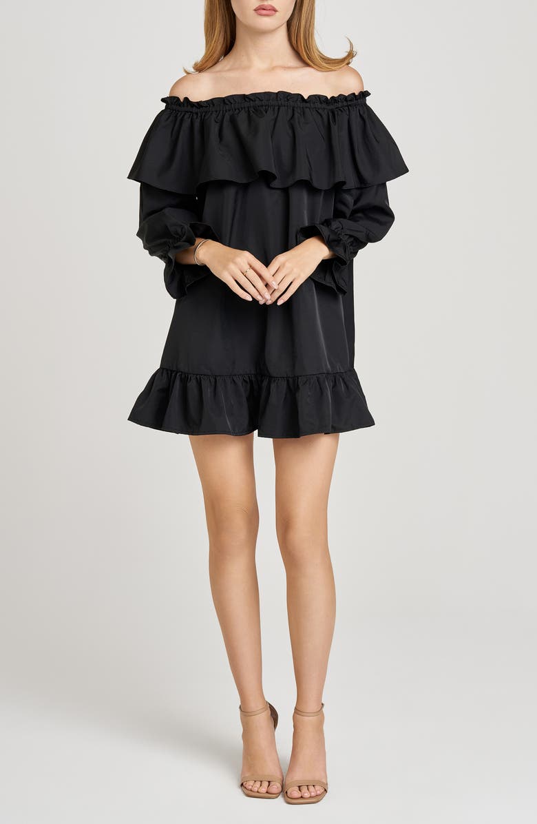 WAYF x Sara Walker Jane Off the Shoulder Long Sleeve Taffeta Minidress, Main, color, Black