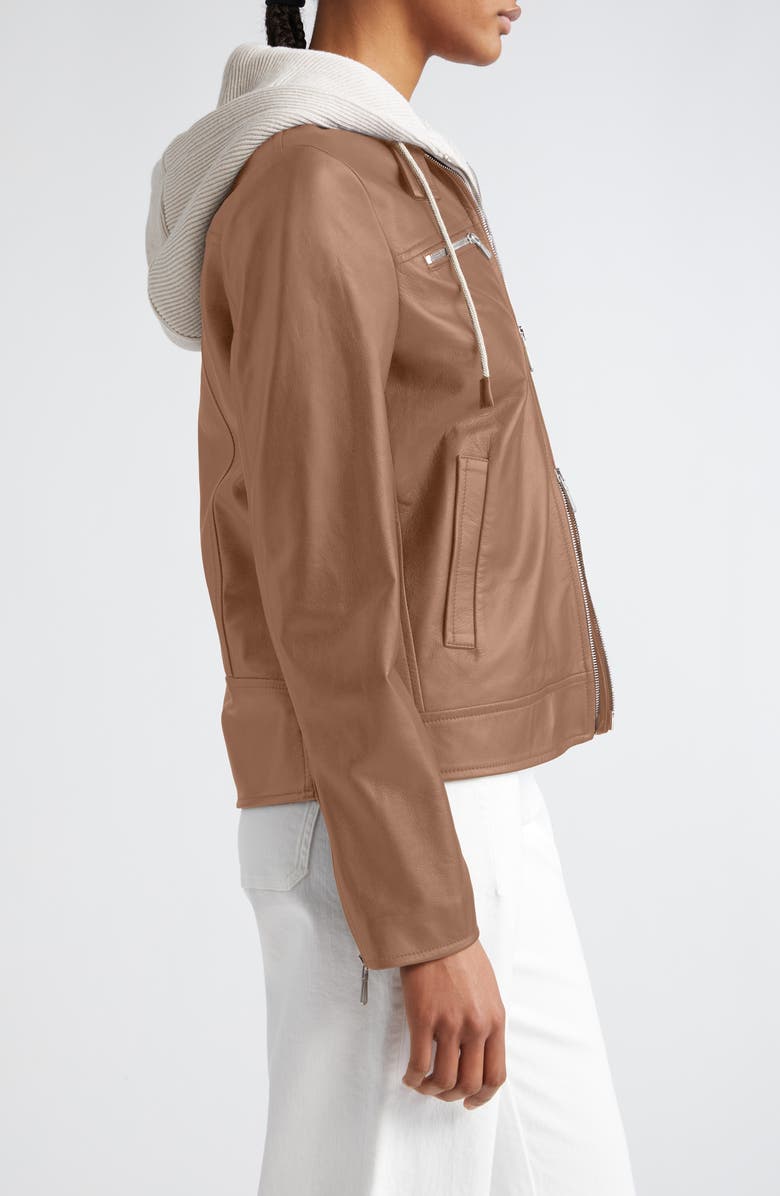 Eleventy Leather Biker Jacket with Removable Hooded Bib, Alternate, color, 