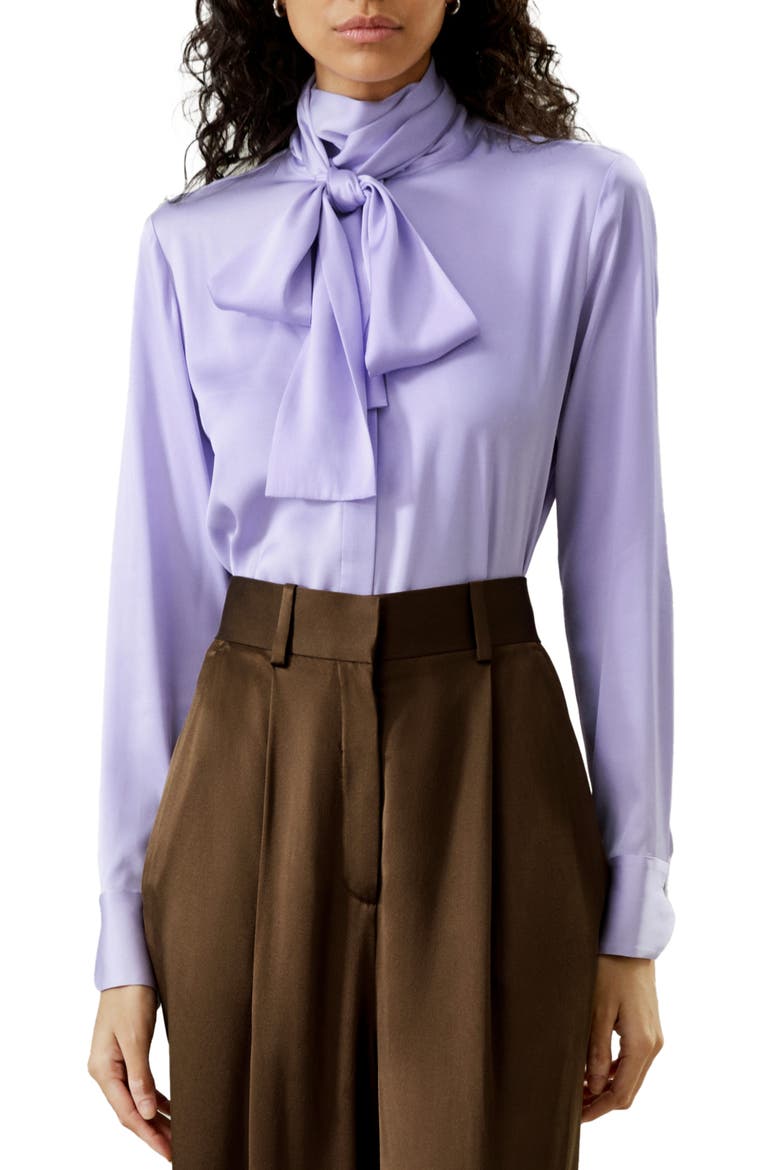 Women's Silk Turtleneck Ribbon Blouse, Main, color, Lilac