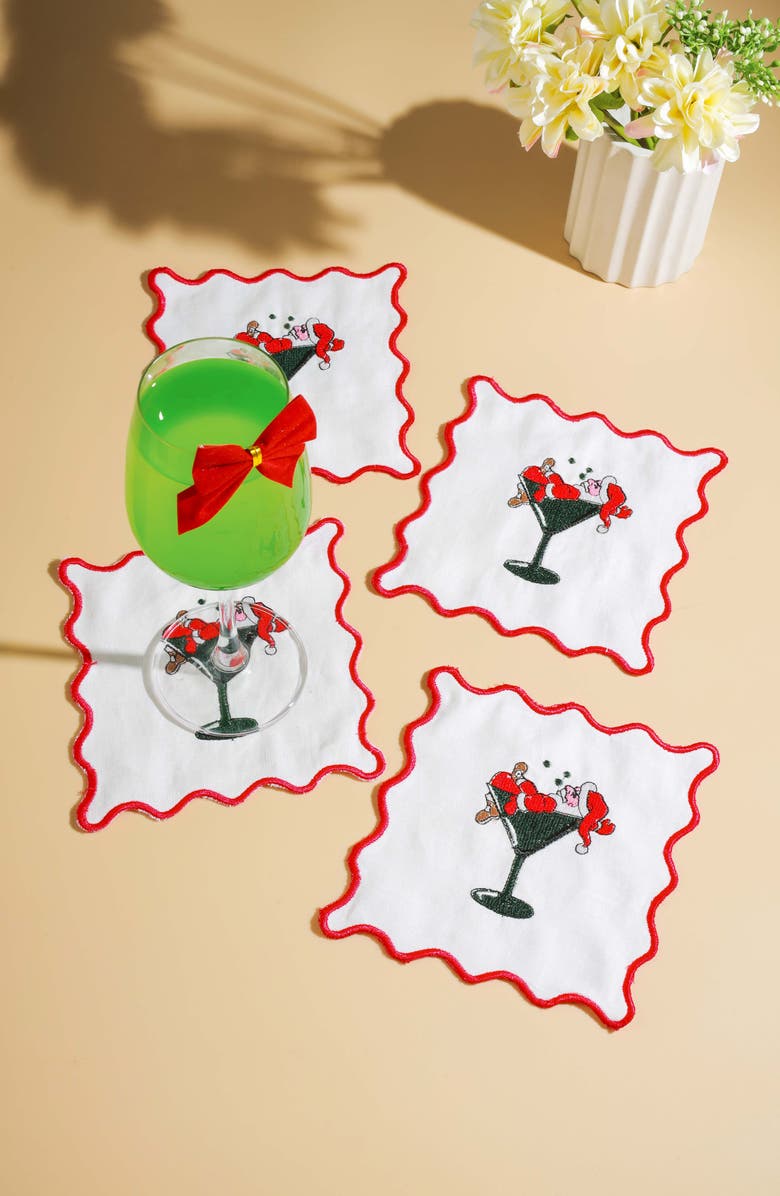 Tiramisu Set of 4 Embroidered Santa Sips Linen Cocktail Napkins, Alternate, color, Green/ Red