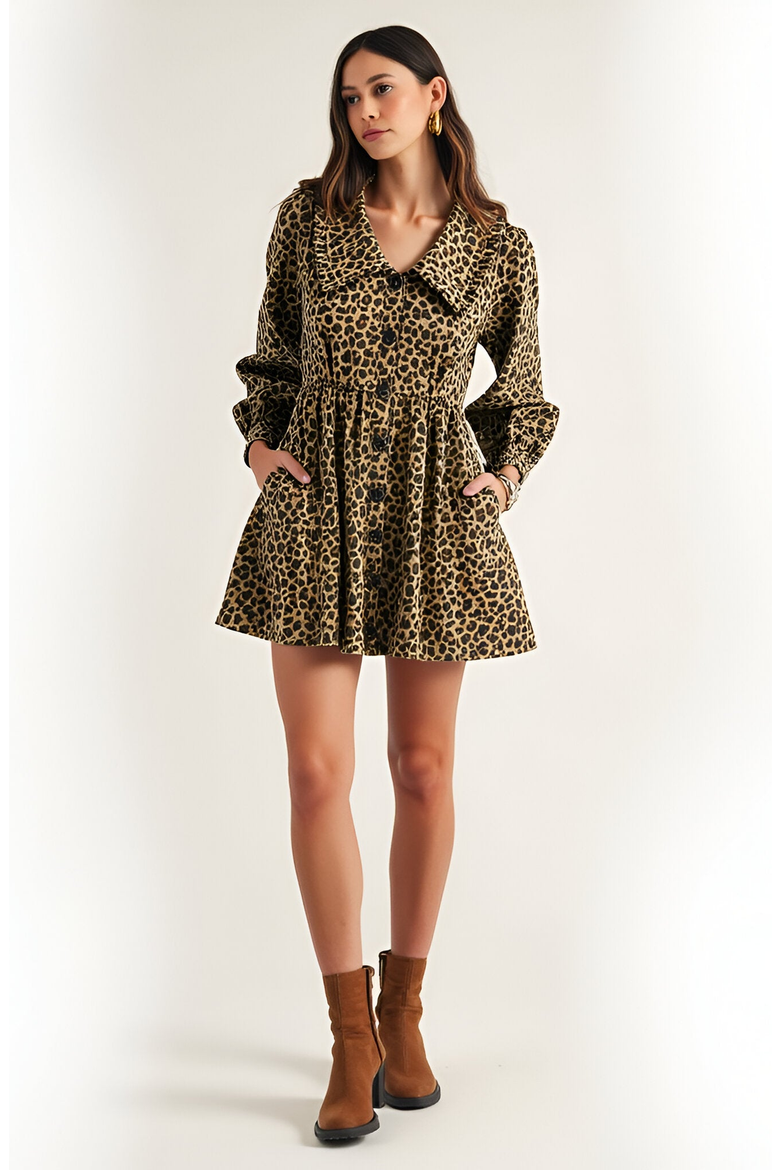 Leopard Print Long Sleeve Mini Dress with Oversized Collar, Main, color, Leopard Print