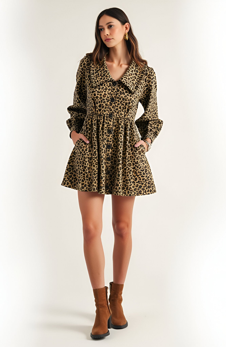 Modenaire Leopard Print Long Sleeve Mini Dress with Oversized Collar, Main, color, Leopard Print