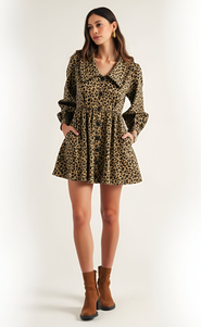 Modenaire Leopard Print Long Sleeve Mini Dress with Oversized Collar