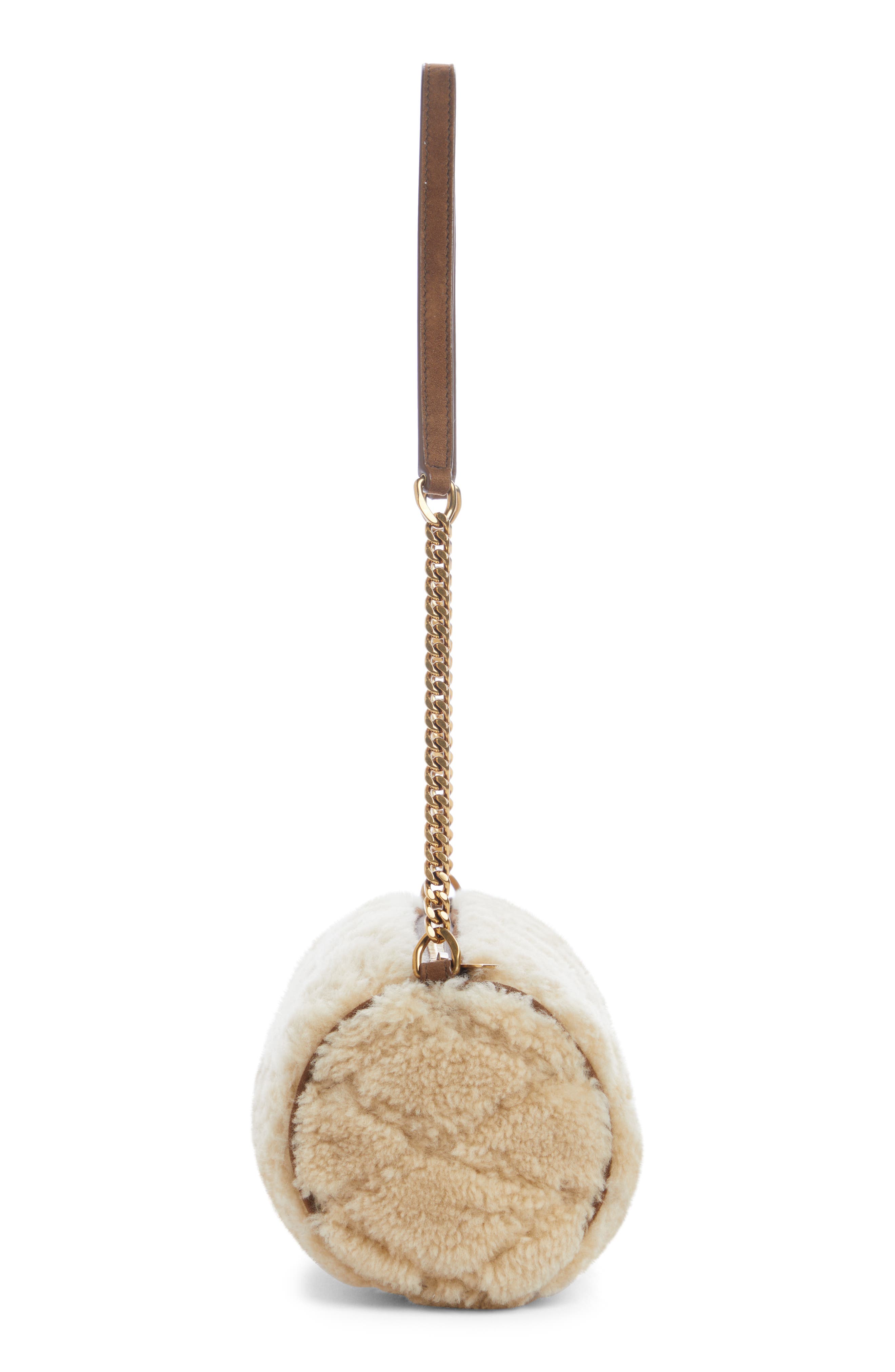 Saint Laurent Small Sade Quilted Genuine Shearling Tube Bag, Alternate, color, Natural Beige/ Dark Cigar