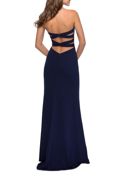 La Femme Strapless Double Cross Back Gown In Navy