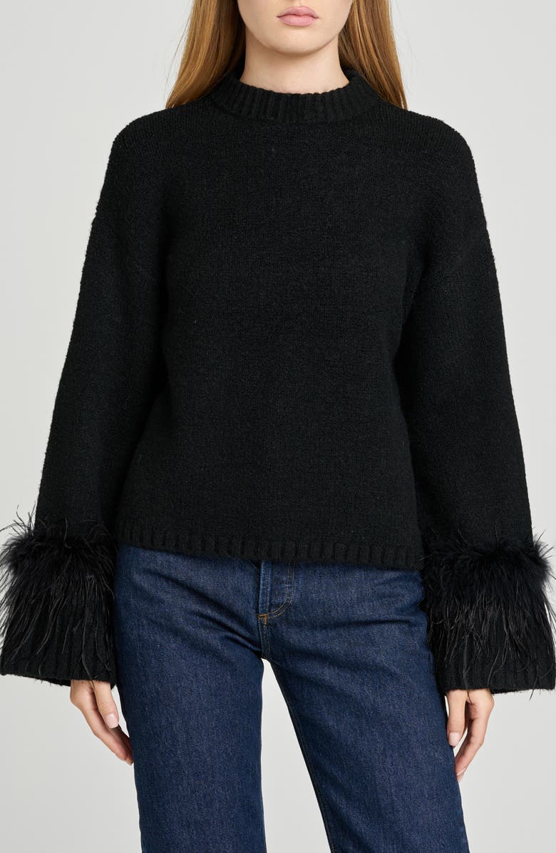 WAYF Pia Feather Trim Mock Neck Sweater, Main, color, Black