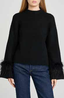 WAYF Pia Feather Trim Mock Neck Sweater