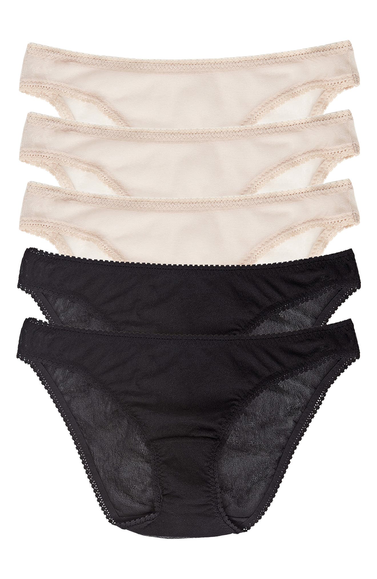 On Gossamer 5-Pack Mesh Hip Bikinis in Black/Champagne 