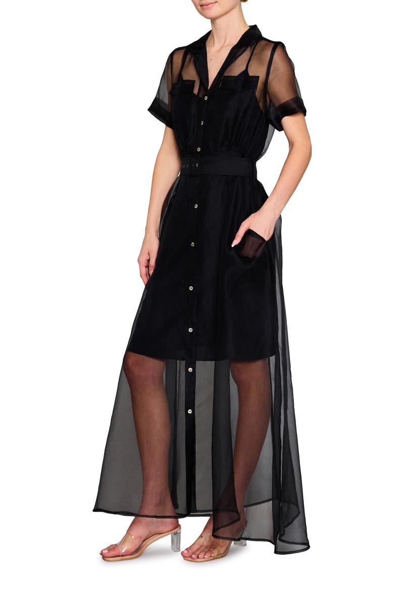 Belted Organza Button-Up Shirtdress, Alternate, color, BLACK