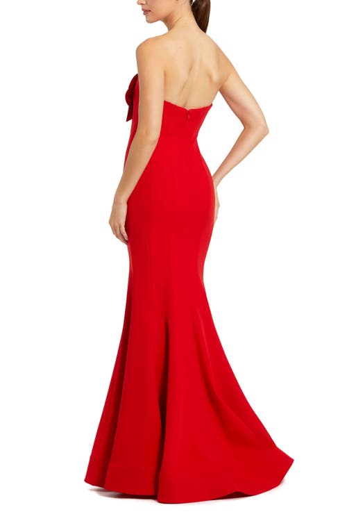 Mac Duggal Crepe Strapless Mermaid Gown With 3d Flowers In Red