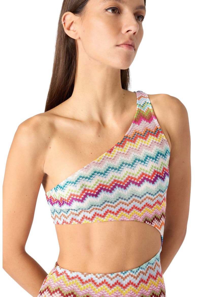 One-shoulder Cover-up In Lamé Viscose With Pixel-effect Zigzag Pattern, Alternate, color, Multicoloured