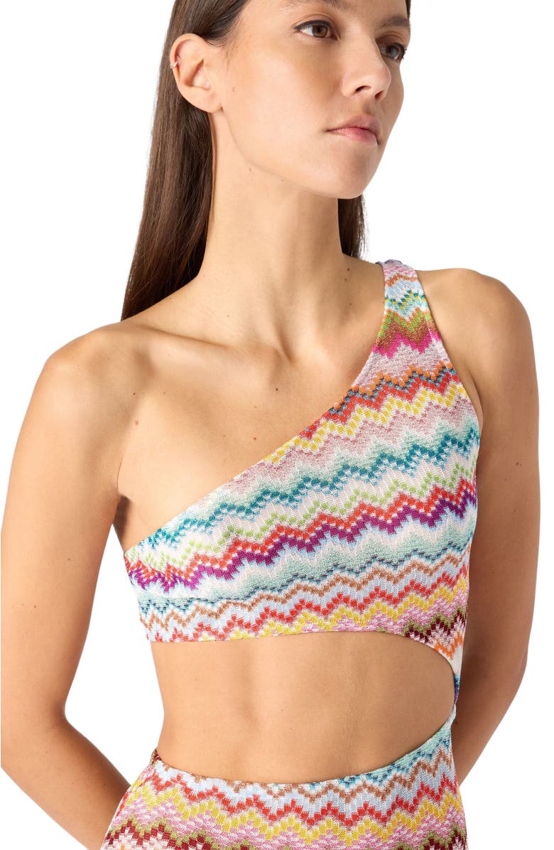 Missoni One-shoulder Cover-up In Lamé Viscose With Pixel-effect Zigzag Pattern, Alternate, color, Multicoloured