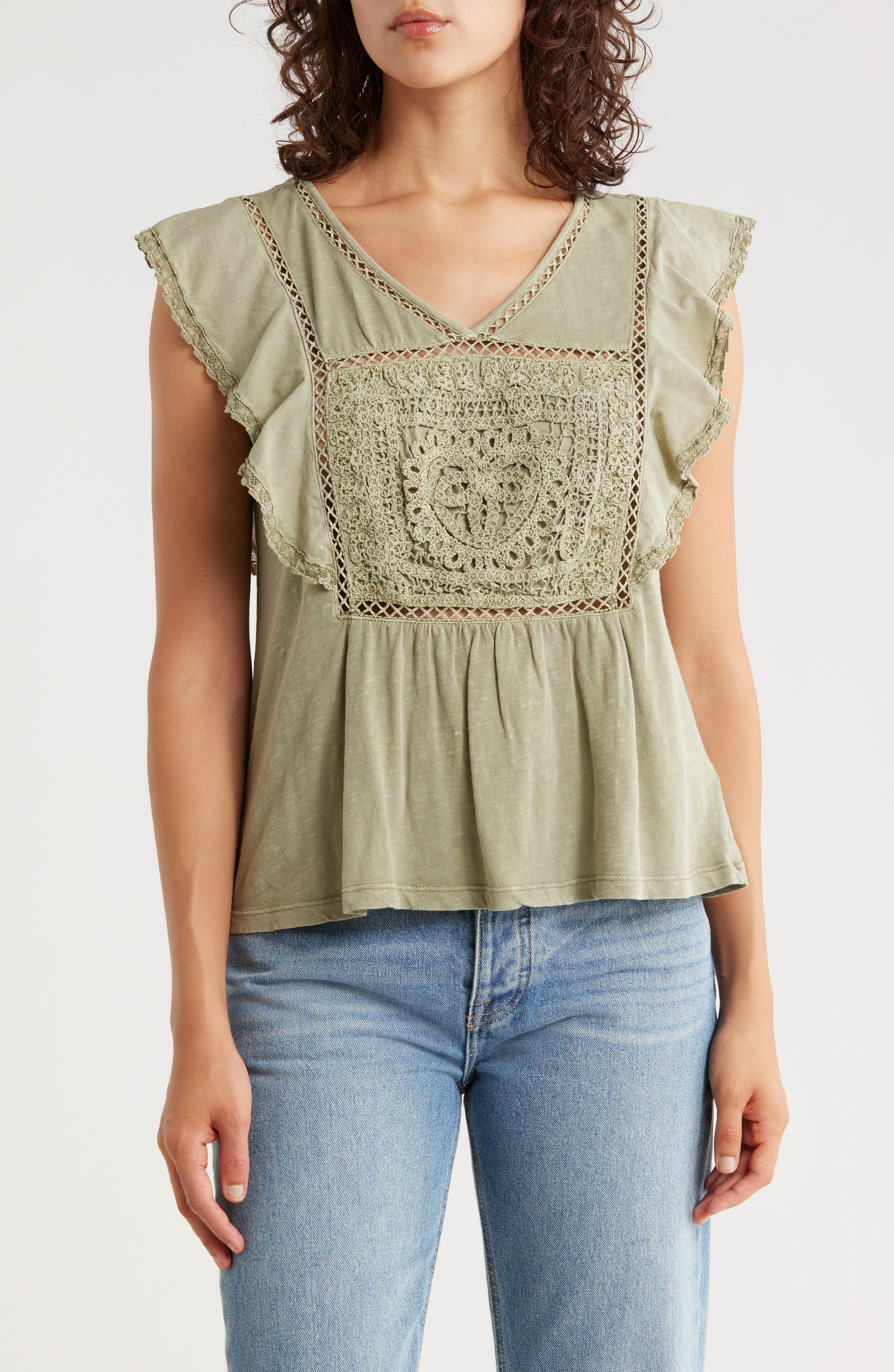 Lucky Brand Open Stitch Trim Cotton Top