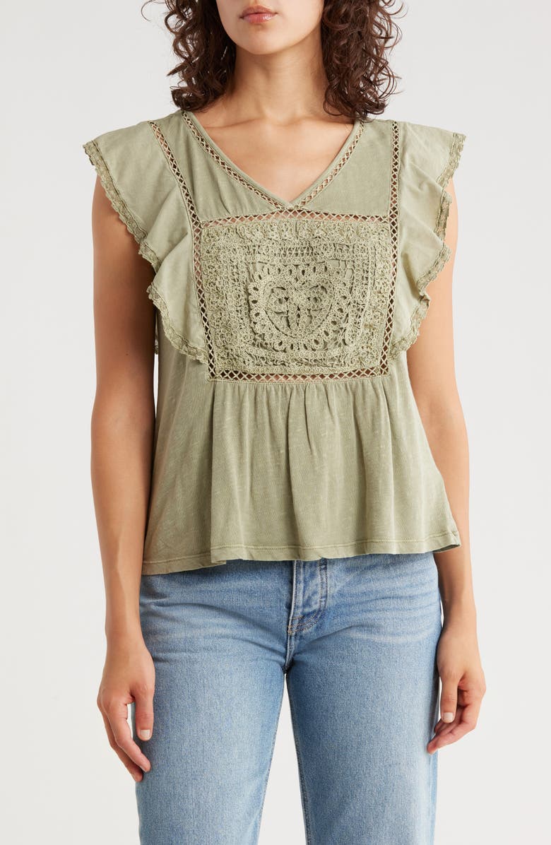 Lucky Brand Open Stitch Trim Cotton Top, Main, color, Sea Grass