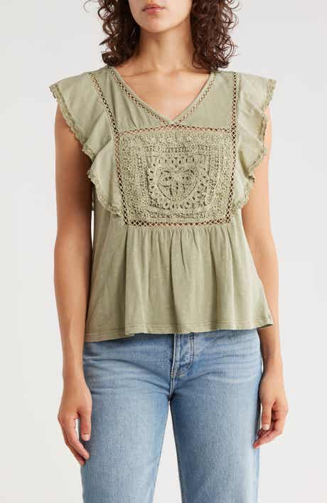 Lucky Brand Open Stitch Trim Cotton Top