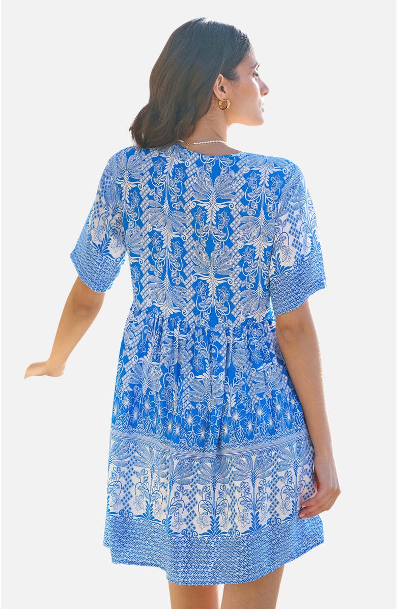 Yumi Short Sleeve V-Neck Palm Relaxed Dress, Alternate, color, Blue