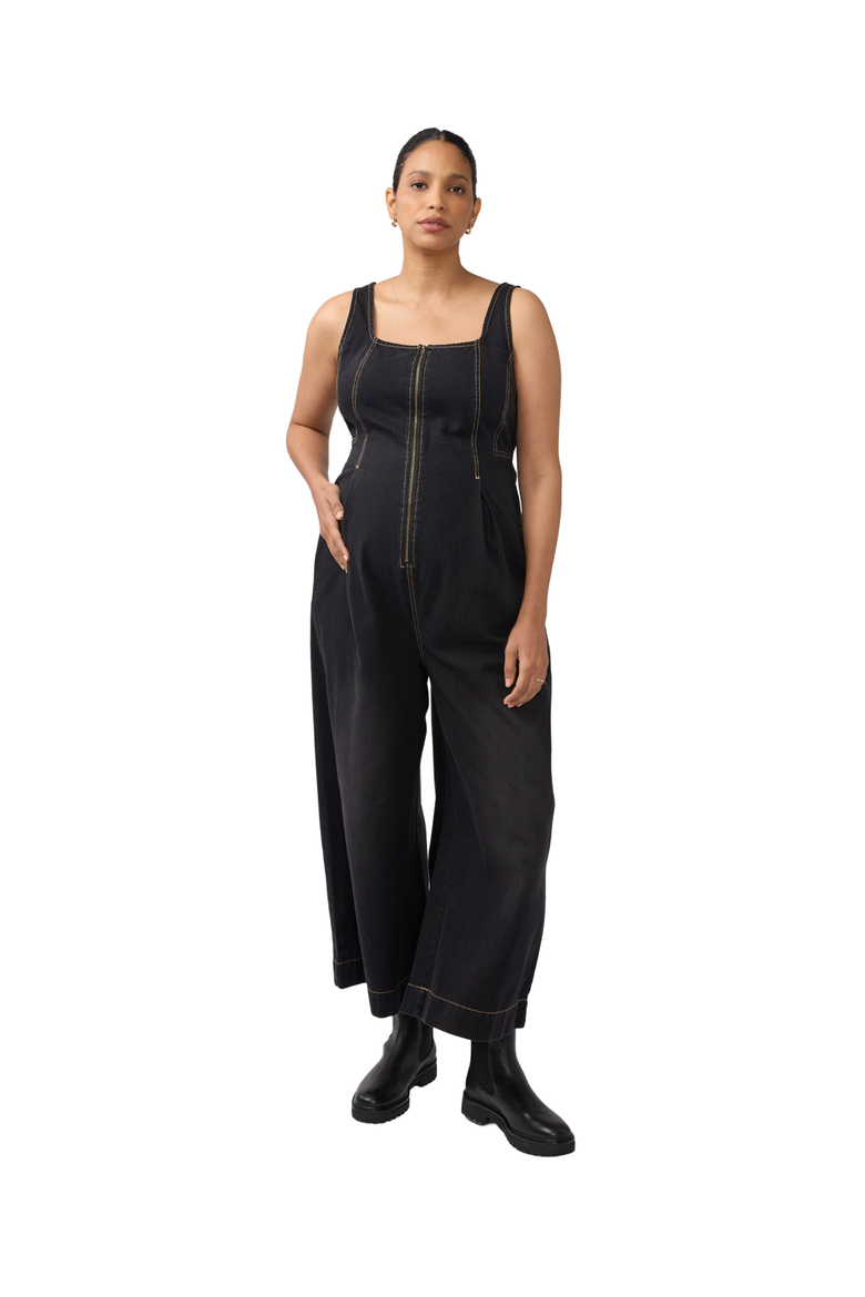 Zip Front Drapey Denim Maternity Jumpsuit, Main, color, Black Wash
