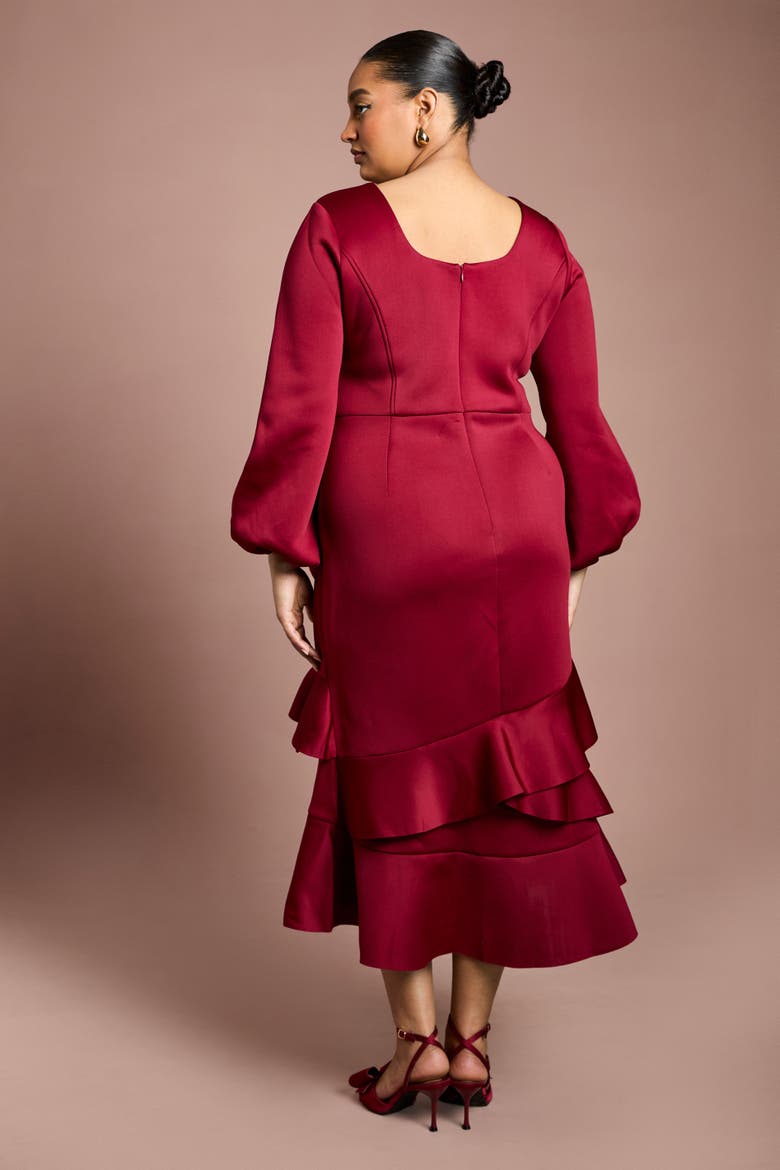 Plus Square Neck Ruffle Hem Midi Dress, Alternate, color, Berry