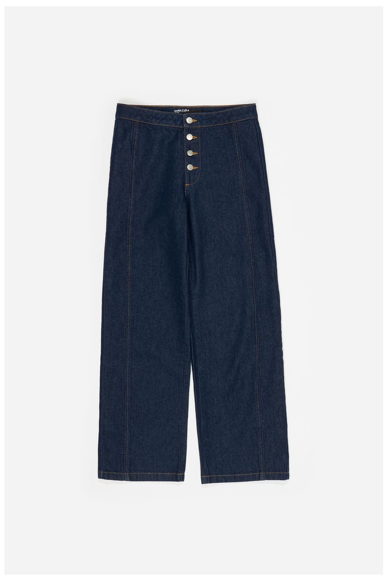 Denim Straight-Leg Trousers With Buttons, Main, color, DARK DENIM BLUE