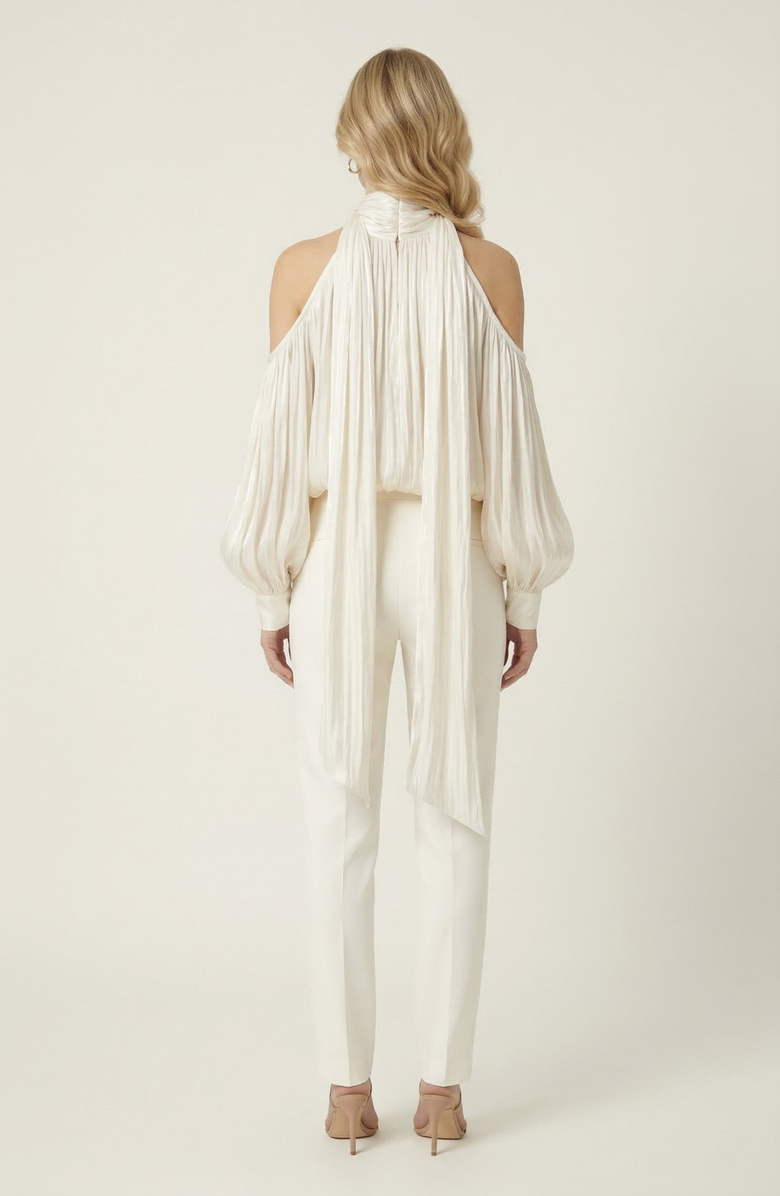 Modenaire High Neck Cold Shoulder Satin Blouse, Alternate, color, Ivory