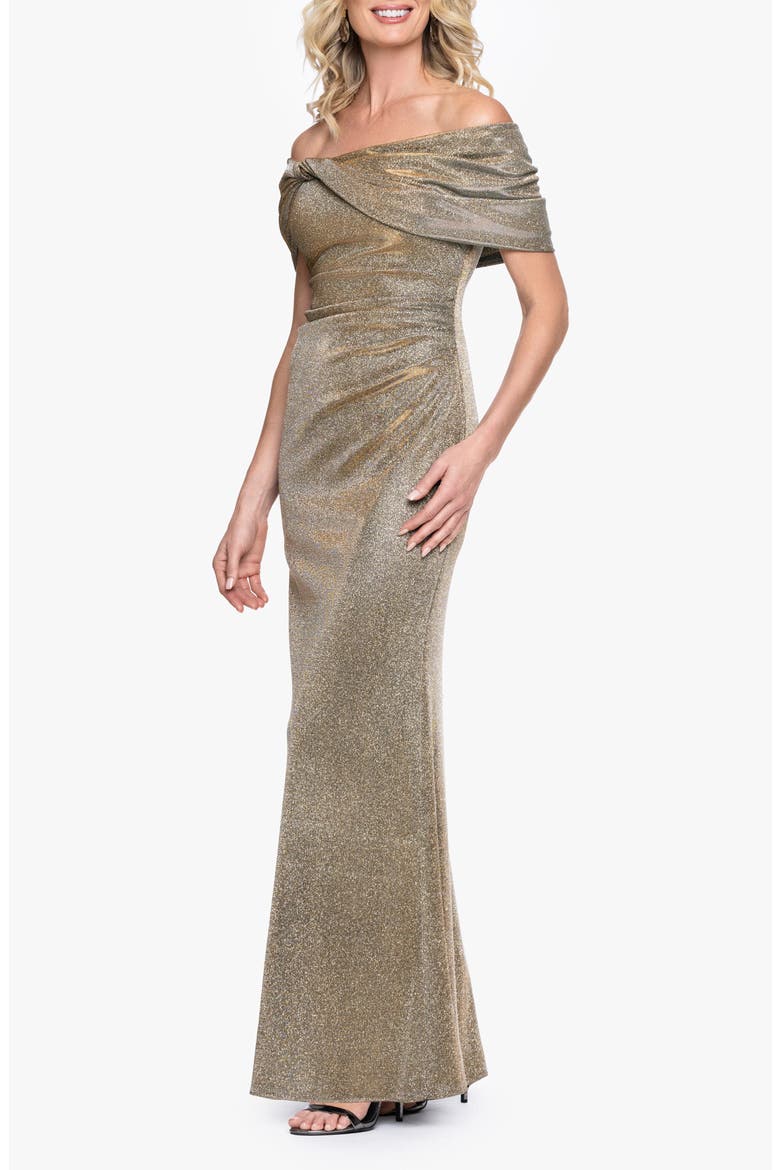 Galaxy Metallic Twist Detail Off the Shoulder Gown, Alternate, color, SAND