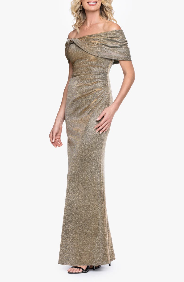 Betsy & Adam Galaxy Metallic Twist Detail Off the Shoulder Gown, Alternate, color, Sand
