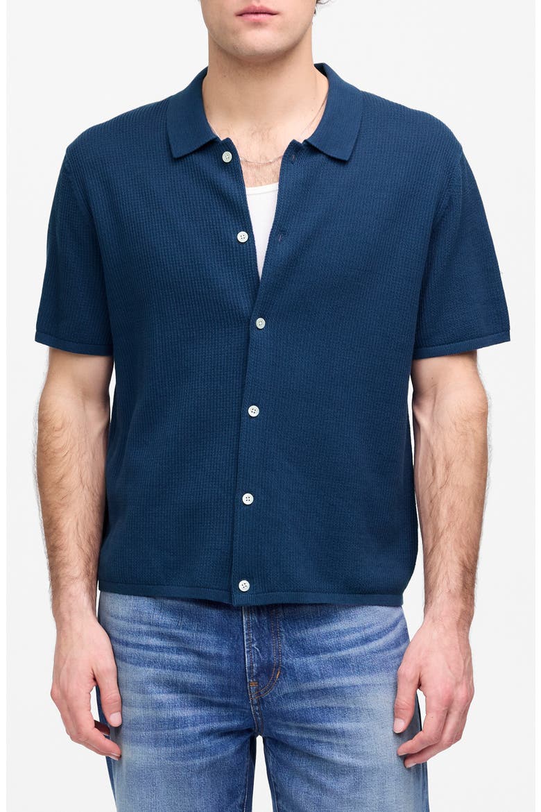Short Sleeve Tuck Stitch Button-Up Shirt, Main, color, TRUE INDIGO