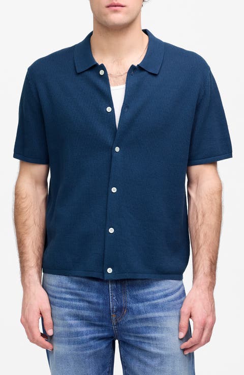Short Sleeve Tuck Stitch Button-Up Shirt