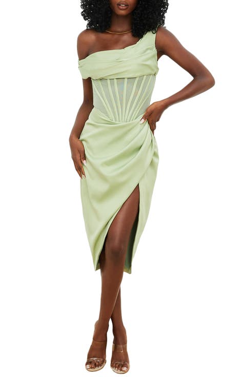 Lulu Corset One-Shoulder Satin Midi Dress