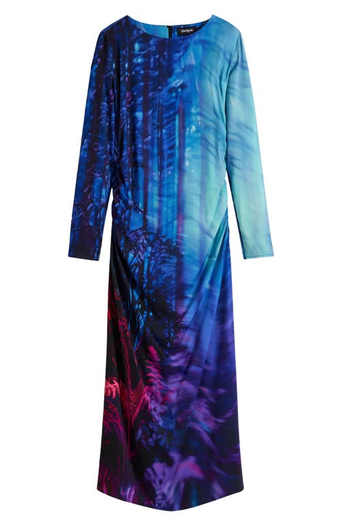 Desigual Tie Dye Pattern Long Sleeve Midi Dress In Blue
